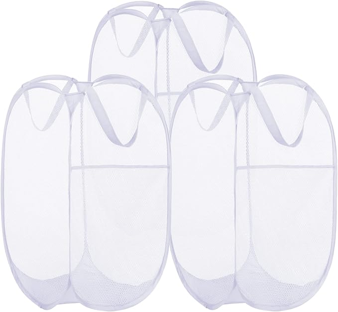 BATTOO Deluxe Strong Mesh Pop up Laundry Hamper Basket with Side Pocket for Laundry Room, Bathroom, Kids Room, College Dorm or Travel 3 Pack White