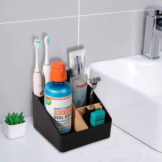 Toothbrush Holder for Bathrooms, 5 Slots Tooth Brush Holder with Detachable Bamboo Dividers, Countertop Organizer for Electric Toothbrushes, Toothpaste, Razors, Floss - Wihte