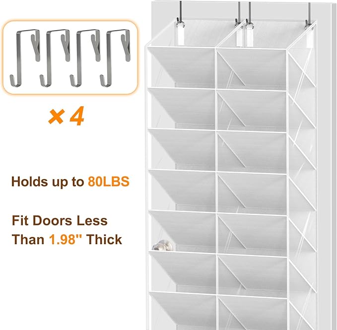 20-30 Pairs Over the Door Shoe Organizer, Clear Pockets Hanging Shoe Storage for Closet, 10-Tier Door Shoes Rack, Handing Shoes Holder Fit All the Family's Sneakers, Boots, Heels, White