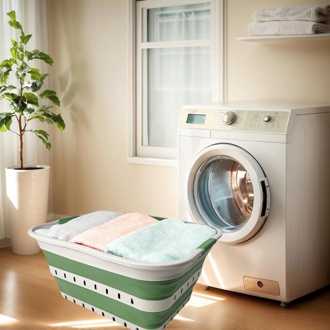 SAMMART 42 (11 Gallons) Collapsible Plastic Laundry Basket, Foldable Pop Up Storage Container/Organizer, Space Saving Hamper, Portable Bin for Dorm Room Bathroom (1, Grey/Dark Sea Green)