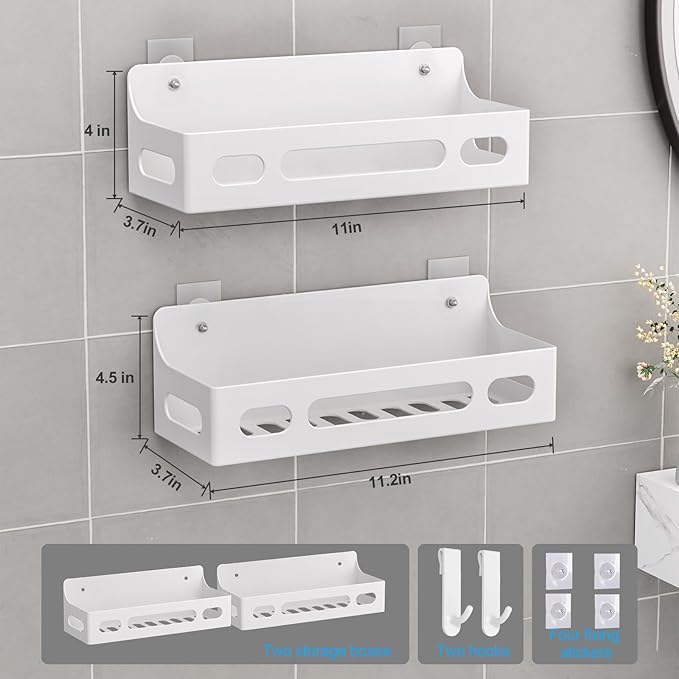 Shower Caddy Adhesive, No Drill Bathroom shower Organizers, with Removable Hooks, Rust Proof Shower Shelves, Self Adhesive Black Bathroom Shelves Basket Home Farmhouse Wall Inside Organization