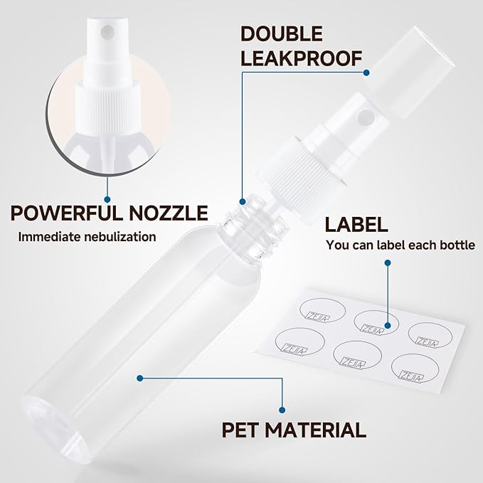 ZEJIA Small Spray Bottles 2OZ, Plastic Travel Spray Bottle, Refillable Mini Spray Bottle for Face, Liquids, Perfume, with Labels (3 Pack)