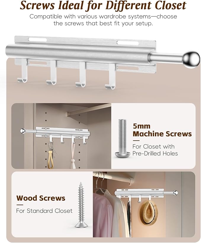 Valet Rod for Closets, 12" Valet Rod With 4 Hooks, Closet Organizer Slide Out Clothing Hanger Rods Extender Perfect for Suits,Dresses,Belt,Tie, Matte Silver