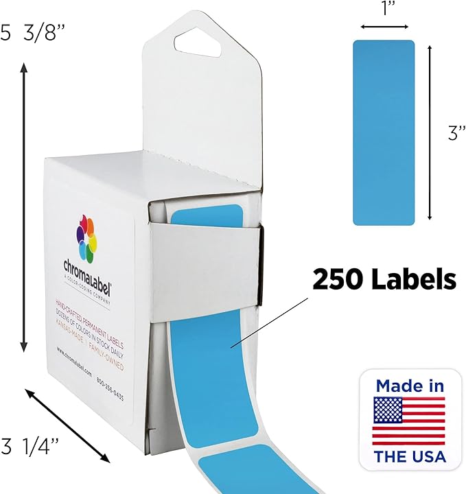 ChromaLabel 1 x 3 Inch All Purpose Permanent Color Code Rectangle Labels, 250 Labels per Dispenser Box, Light Blue