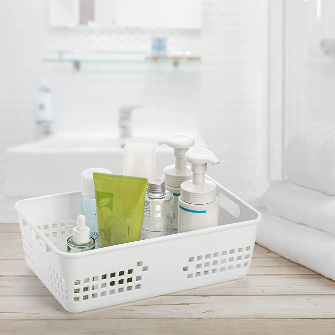 Jucoan 6 Pack White Plastic Storage Baskets, 12 X 8 X 4 Inch Large Plastic Storage Organizer Tray Bin with Handles for Classroom, Drawer, Closet, Bathroom Kitchen