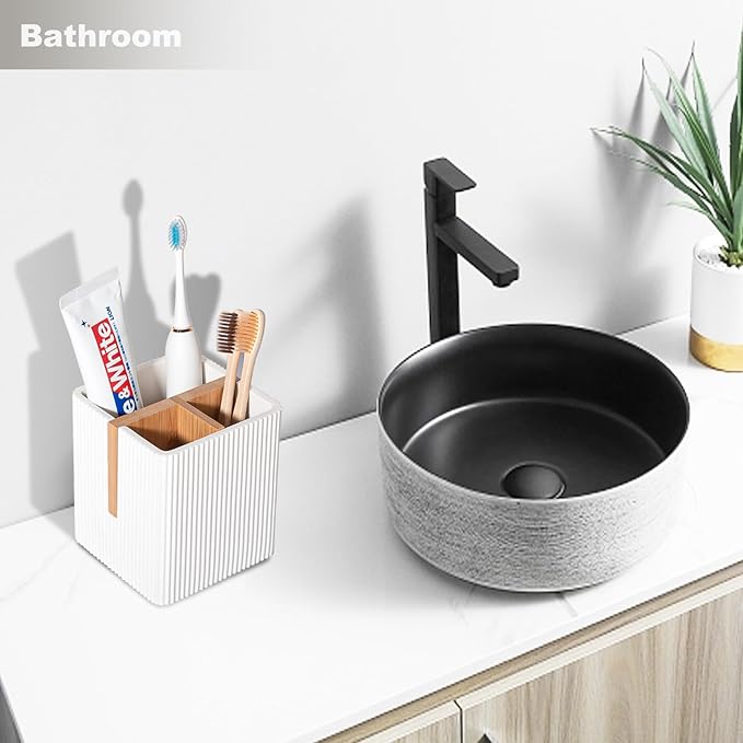 rejomiik Toothbrush Holders for Bathrooms Countertop, 3 Slots Electric Tooth Brushing and Toothpaste Storage Organizer Stand for Toiletries and Beauty Accessories, White
