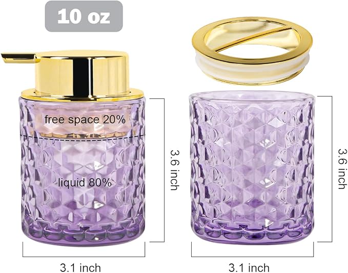 Bathroom Accessories Set, 3pcs Purple Glass Bathroom Accessory Set,Toothbrush Holder, Foaming Soap Dispenser and Tumbler, Gold Bathroom Decor Sets for Organizer, Home Apartment Gift