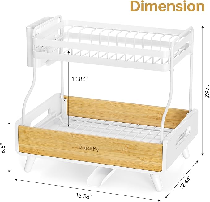 2-Tier Dish Drying Rack – Large Capacity Dish Rack with Stainless Steel and Bamboo, Dish Drainers for Kitchen Counter, Drying Rack Kitchen with Utensil Holder and Drainboard, White