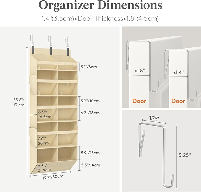 Lifewit 1 Pack Over the Door Organizer, Clear Window Hanging Storage with 4 Mesh Side Pockets, Anti Tilt 40 lbs Load Behind Door for Pantry, Nursery, Bathroom, Bedroom, Dorm, 10 Section, Beige