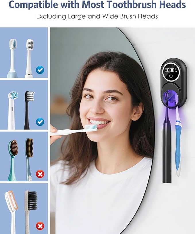 Temracha Toothbrush Sanitizer Holder, Upgraded UV Toothbrush Holder with Dual-Mode Clean & Air Dry, LED Smart Screen, Auto-Inductive Cover, Toothbrush Wall Mounted Cleaner Organizer for Bathroom, Trip