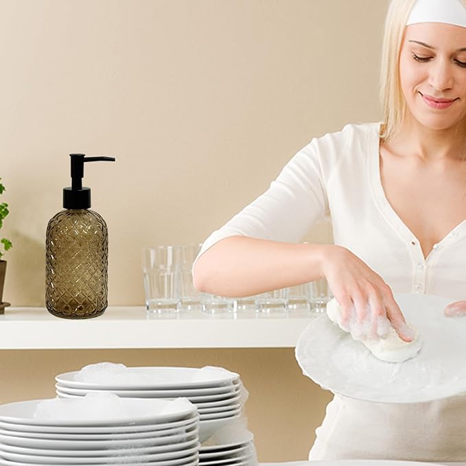 Brown Glass Dish Soap Dispenser for Kitchen, 13.5oz Refillable Liquid Hand Soap Dispenser Set, Crystal Lotion Bottle for Modern Home Decor, Bathroom Countertop, Hotel