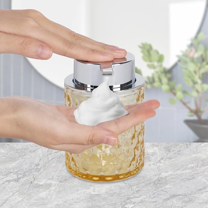 Bathroom Accessories Set, 3pcs Amber Glass Bathroom Accessory Set, Toothbrush Holder, Foaming Soap Dispenser and Tumbler, Silver Bathroom Decor Sets for Organizer, Home Apartment Gift
