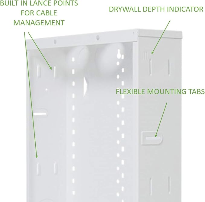 Legrand - OnQ 28 Inch Cable Management, In-Wall 20-Gauge Media Box, Structured Wiring Enclosure with 2.5 Inch Openings for Wires, Includes Cover Mounting Hardware, White, EN2800