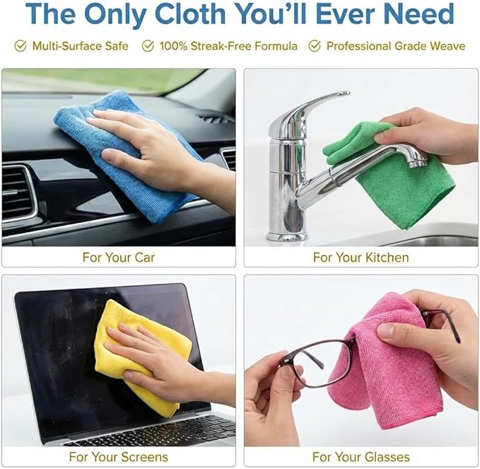Microfiber Cleaning Cloth 12 Pack - 12 x 12 inches - Rags for Cleaning House Streak-Free Wipes for Screens, Dusting & Appliances - Premium Micro Fiber Cloth for Cleaning
