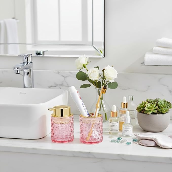 Pink Bathroom Accessories Set,2pcs Glass Bathroom Accessory Set with Foam Soap Dispenser and Toothbrush Holder,Gold Soap and Toothbrush Holder Sets,Perfect for Housewarming Gift,Home Decor