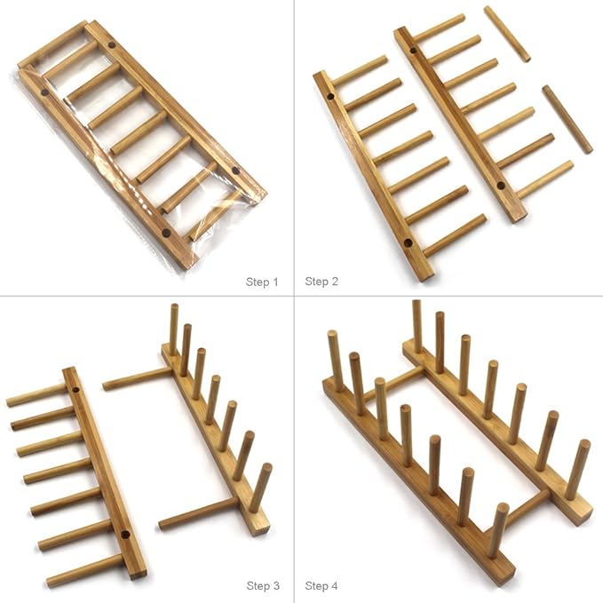 INNERNEED Bamboo Wooden Plate Racks Dish Stand Holder Kitchen Storage Cabinet Organizer for Dish/Plate/Bowl/Cup/Pot Lid/Cutting Board (Pack of 4)