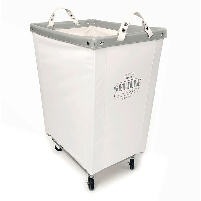 Seville Classics Large Commercial Heavy Duty Rolling Steel Frame Laundry Hamper Canvas Cart Bin, w/Wheels for Hotel, Home, Closet, Bedroom (PATENTED), Cream, 22" D x 16" W