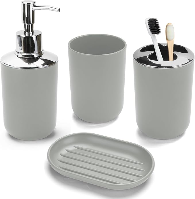 4 Pcs Grey Bathroom Accessories Set,Bohemian Bathroom Toothbrush Holder Set.Include Soap Dispenser, Soap Dish, Toothbrush Holder, Mouthwash Cup, Modern Bahtroom Decor Set
