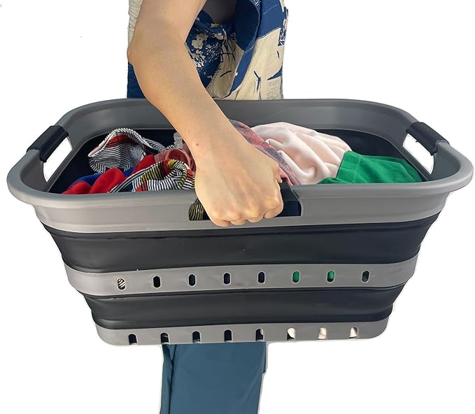 SAMMART 42 (11 Gallons) Collapsible Plastic Laundry Basket, Foldable Pop Up Storage Container/Organizer, Space Saving Hamper, Portable Bin for Dorm Room Bathroom (2, Grey/Black)