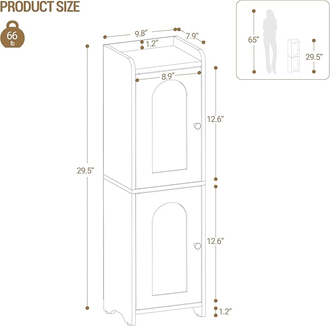 Bathroom Storage Cabinet, Small Corner Floor Cabinet with 2 Doors and Adjustable Shelf, Narrow Toilet Paper Cabinets, Bathroom Organizer for Small Spaces, 7.9" D x 9.8" W x 29.5" H Yellow