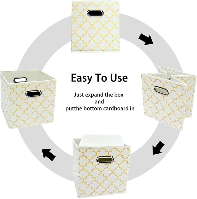 Black Foldable Storage Cubes Bins , Fabric Storage Box Cubes Organizer Baskets with Dual Handles for Home Organizer Creamy-White Gold