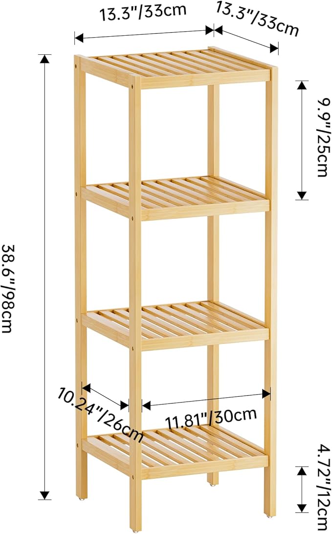 SMIBUY Bathroom Storage Shelf, 4-Tier Bamboo Rack Organizer, Multifunctional Shelving Unit for Living Room Bedroom Kitchen (Natural)
