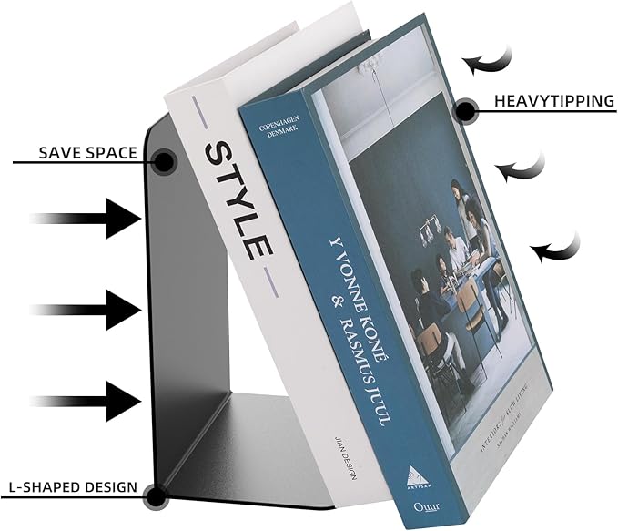 Book Ends, 6 Pieces Metal Bookend for Shelves, Bookends for Heavy Books, Book Holders for Shelves, Desk Organizers, Book Dividers for Office, School, Bookstore, Home