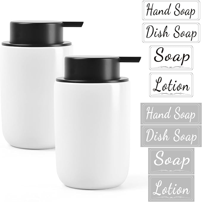BosilunLife Foaming Soap Dispenser Set - White Ceramic Foam Hand Dispenser 12oz Soap Dispenser Set with Rust Proof Pump, 4Pcs Clear Stickers for Kitchen, Bathroom - 2 Pack