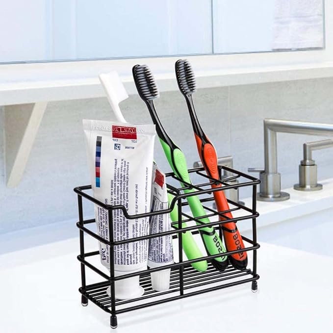 Stainless Steel Toothbrush and Toothpaste Holder for Bathroom – 7-Slot Black Organizer, Space-Saving Hygienic Storage with Modern Design for Countertop