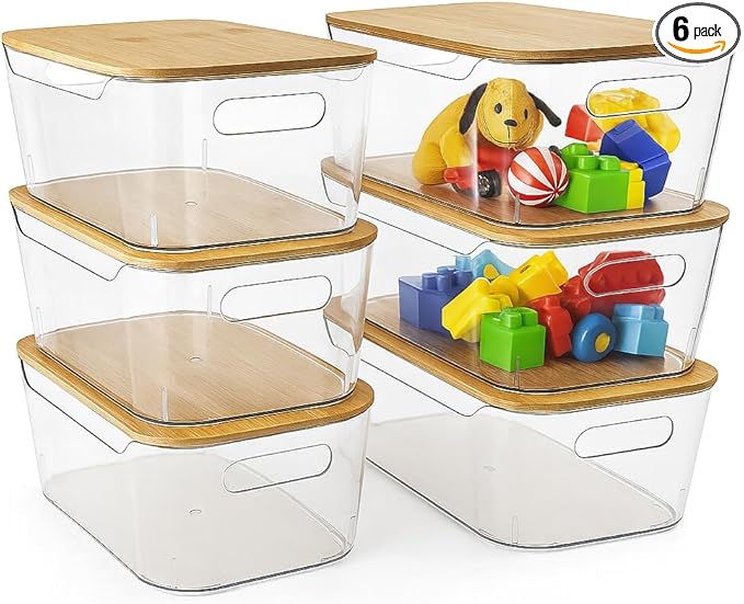 6 Pack Clear Storage Bins with Bamboo Lids, Stackable Organization and Storage Containers with Handle for Pantry, Cabinet, Closet, Fridge, Bathroom, Organizer Bins for Home & Kitchen