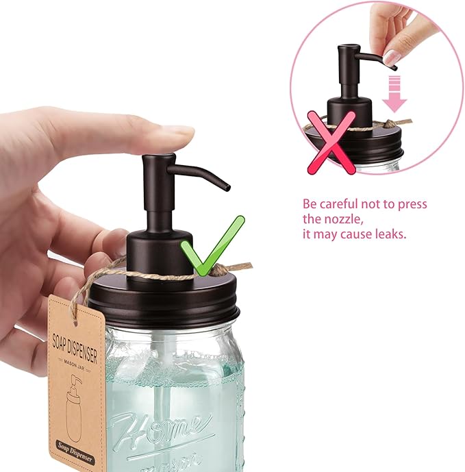 SheeChung 16 Oz Mason Jar Liquid Soap Dispenser, Glass Hand Soap Dispenser, Stainless Steel Pump Lid, Refillable Lotion Dispensers for Bathroom Countertop Kitchen (2, Bronze)
