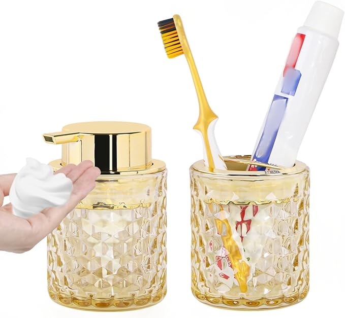 Bathroom Accessories 2 Piece Set Glass Soap Dispenser and Toothbrush Holder, 10oz Foaming Soap Dispenser, Amber Toothbrush and Toothpaste Holder Organizer Cup for Modern Bathroom Decor