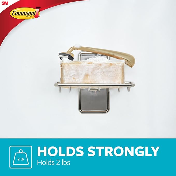 Command Soap Dish for Shower, Damage-Free Hanging, No Tools Soap Holder for Holiday Guests, 1 Satin Nickel Dish and 2 Water-Resistant Strips