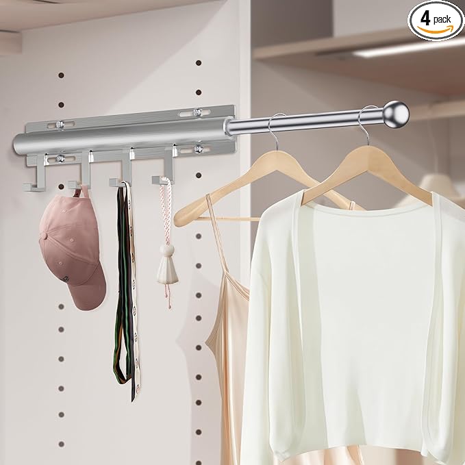 Valet Rod for Closets, 12" Valet Rod With 4 Large Hooks, Closet Organizer Slide Out Clothing Hanger Rods Extender Perfect for Suits,Dresses,Belt,Tie, Polished Chrome