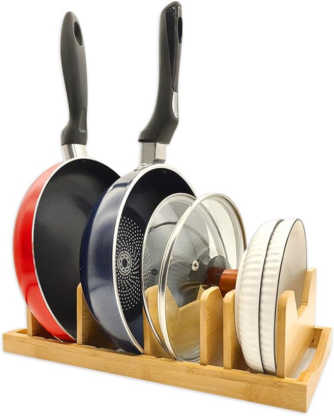 Bamboo Pot Lid Organizer for Cabinet & Kitchen Counter, Pan Lid Organizer Inside Cabinet, Pot Lid Holder, Sheet Pan Rack, Adjustable Pot Cover Holder Rack for Countertop, Under Cabinet