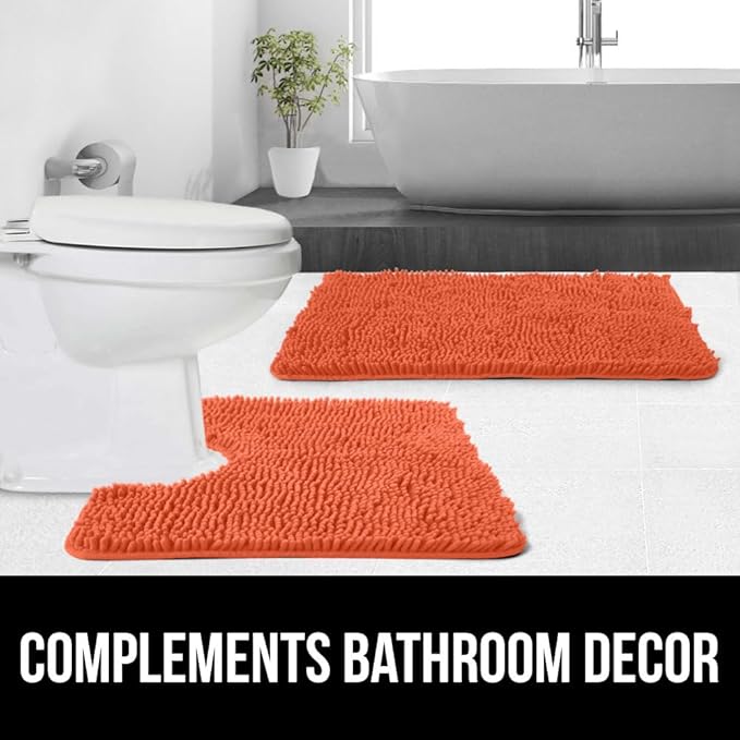 GORILLA GRIP Plush Absorbent Shaggy Chenille Bath Rug Mat for Square Toilet Base with Rubber Backing, Machine Washable Rugs, Soft Microfiber Contour Mats for Toilets, Bathroom Decor, Coral