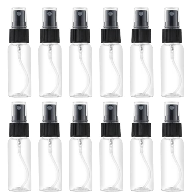 LISAPACK 1oz Small Plastic Spray Bottle (12 Pack) Empty Mini Fine Mist Travel Size Atomizer, Tiny Sprayer for Little Perfume, Water, Cologne, Alcohol, Samples (Clear, 30ml)