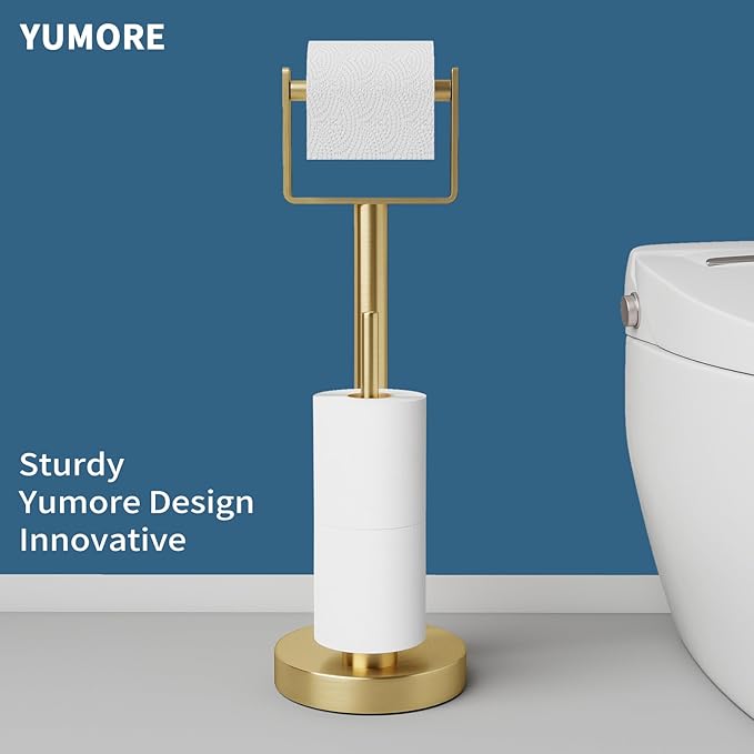 YUMORE Toilet Paper Holder Stand with Storage, Bathroom Weighted Base Floor Toilet Paper Roll Holder Free Standing for 3 Rolls, Gold