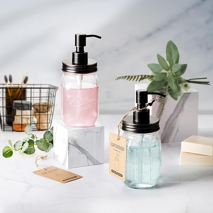 Amolliar Mason Jar Liquid Soap Dispenser, Rustproof Stainless Steel Replacement Pump Lid, Cute Farmhouse Decor for Kitchen, Bathroom, Refillable Hand Soap, Dish Soap, Lotion Soap, Rubbed Bronze-2 Pack
