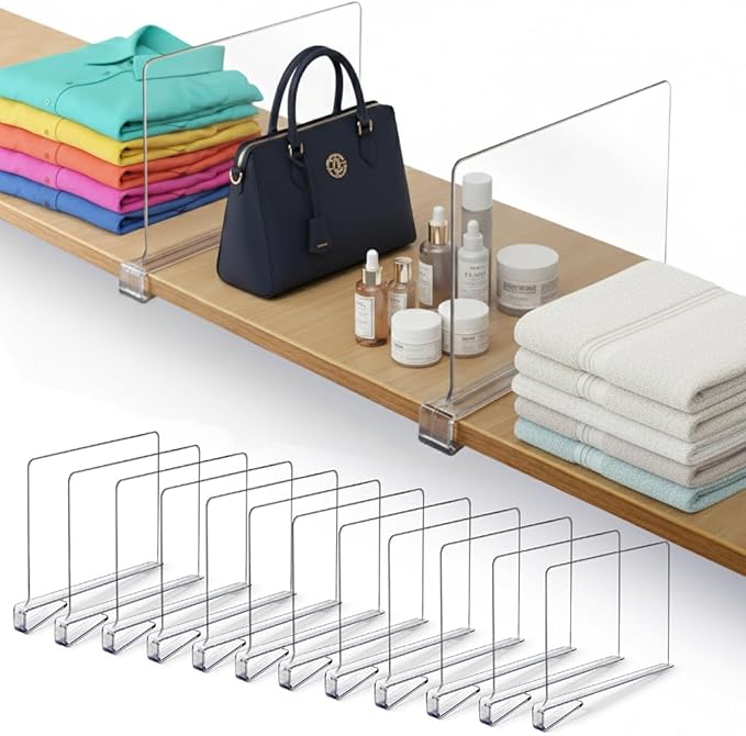 12 Pack Acrylic Shelf Dividers for Closet 11x7.9 Inch – Acrylic Dividers for Shelves Clear Closet Shelf Separators for Purses, Clothes Storage – Vertical Bookshelf Dividers for Bedroom & Kitchen