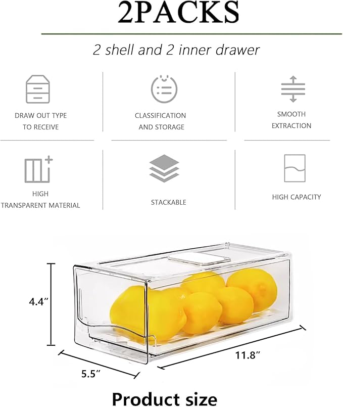 2 Pack Fruit Storage Containers for Fridge, Stackable Refrigerator Organizers and Storage,Reusable Storage Containers,Fridge Organizer Drawer for Produce,Vegetable in Home Kitchen, Restaurant,BPA-Free