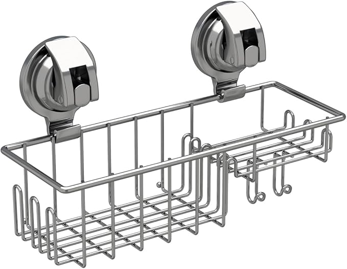 Suction Cup Shower Shelf, Shower Caddy Soap Dish with Hooks for Sponge, Rust Proof 304 Stainless Steel, Silver