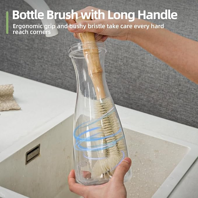 5-Pieces Bamboo Dish Brush Set with Palm Brush, Wooden Handle Dish Scrub Brush, Bottle Scrubber, 2 Loofah Sponge for Dishes, Pans, Bottles, Pots, Vegetables