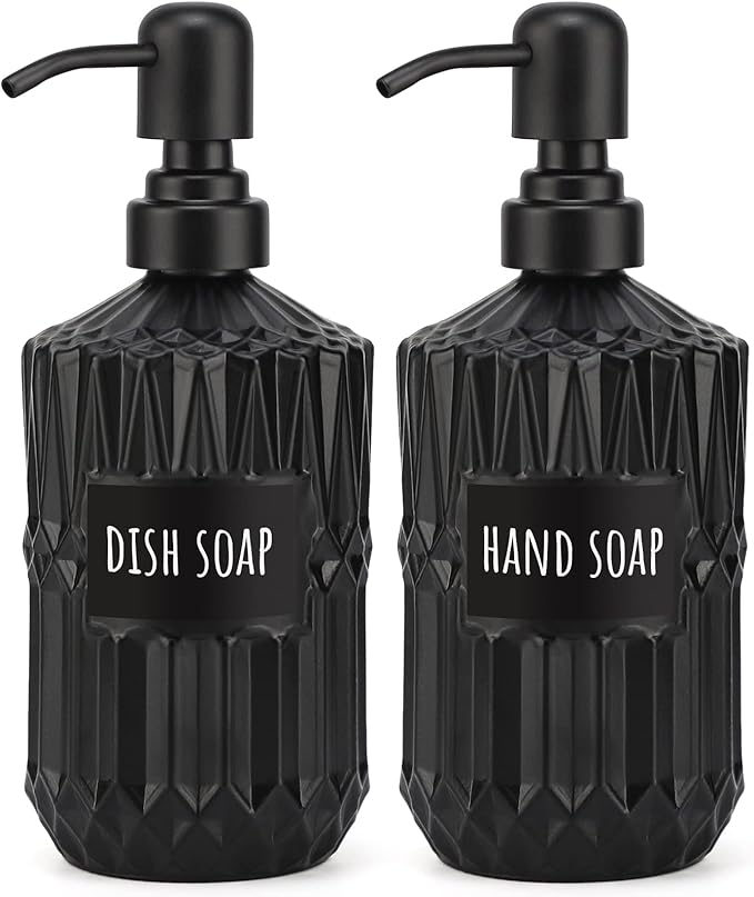 Segbeauty Black Soap Dispenser, 2pcs 15.2oz Glass Pump Bottles with Labels for Farmhouse Decor, 450ml Empty Refillable Kitchen Soap Dispenser Set Bathroom Accessories for Western Modern Home Decor