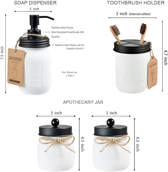 Amolliar Mason Jar Bathroom Accessories Set (4 Pack)—White Retro Lotion Soap Dispenser & 2 Apothecary Jars & Toothbrush Holder- Rustic Farmhouse Restroom, Bathroom Decor Countertop Organizer (Black)