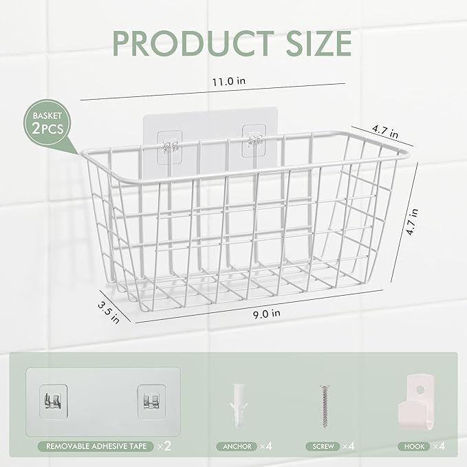 Wire Hanging Wall Basket, 2 White Baskets Set Adhesive Wall Mount Organizer for Pantry Kitchen RV Bathroom Cabinet Storage Organization