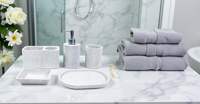 Hymmah Marble Pattern Bathroom Accessories Set, Toothbrush Holdr Set, 5 Pieces Resin Bathroom Set with Toothbrush Holder, Soap Dispenser, Soap Dish,Tumbler (Gray Granite)