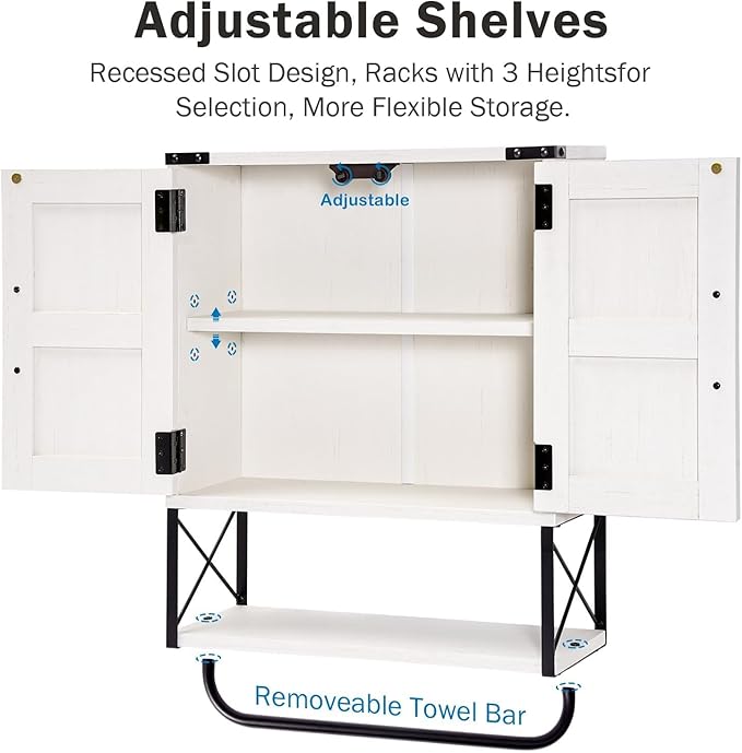 RUSTOWN Farmhouse Medicine Cabinet with 2 Barn Door, Wood Wall Mounted Storage Cabinet with Adjustable Shelf and Towel Bar, 3-Tier Bathroom Cabinet for Bathroom, Living Room(Vintage White, Medium)