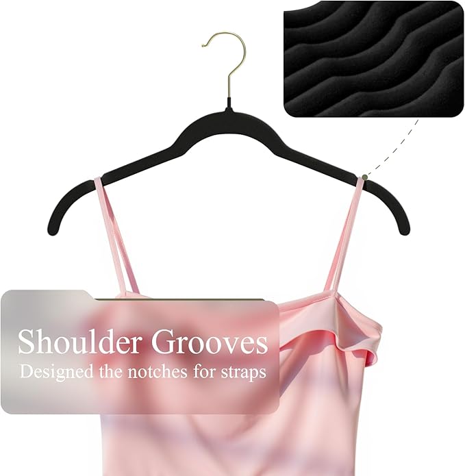 Korpai 30 Pack Black Velvet Shirt Hangers,Felt Hangers Non Slip,Heavy-Duty,Space Saving,Slim Velvet Hangers with Gold 360°Swivel Hook for Coats,Strappy Dresses,Shirts Sweater ect