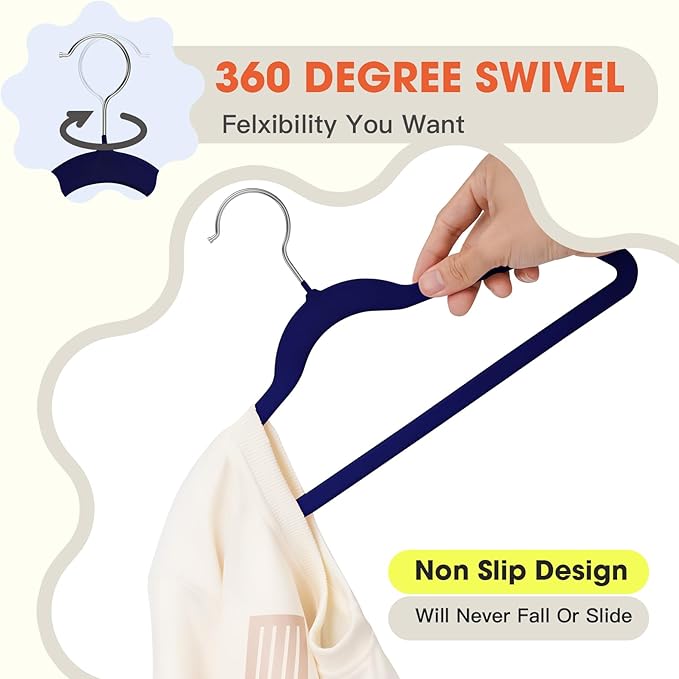 Toddler Hangers,50 Pack 11 Inch,Velvet Baby Hangers Slim & Space-Saving,Baby Clothes Hangers with 360 Swivel Hook,Heavy Duty Felt Hanger for Childrens Coats, Pants,and Dress (Dark Blue)